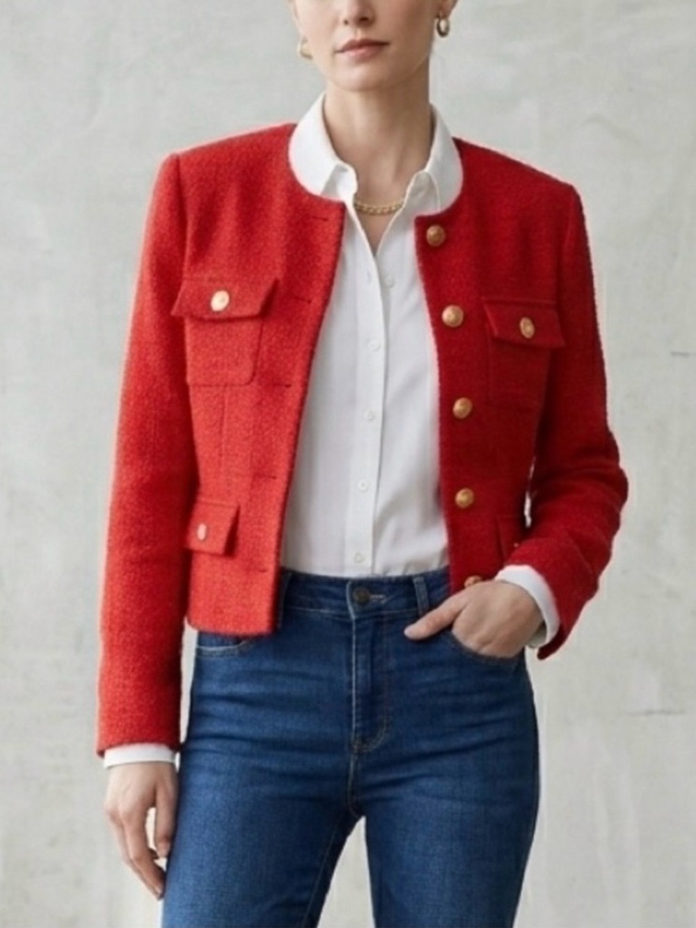 J. Crew Red Bouclé Military-Style Button Jacket - Picture 1 of 16